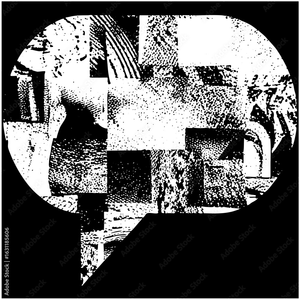 Poster vector abstract speech bubble contains fragmented cityscape.