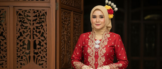 Melayu Woman in Baju Kurung with Detailed Embroidery and Cultura