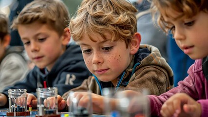 selective focus on schoolchildren testing magnetic attraction and repulsion with various objects - Powered by Adobe