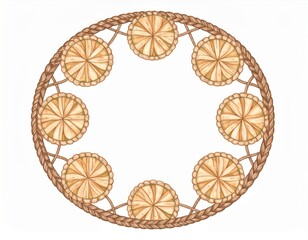 Fototapeta premium Round Woven Decorative Graphic Design with Braided Brown Border and Radial Pattern