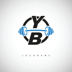 YB Fitness Logo with  Icon Creative Minimal Barbell symbol for Gym Branding. Active Lifestyle Identity Design