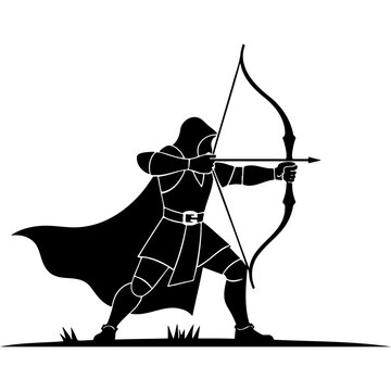 Sketchy emblem of a hunter aims a bow standing up. Engraving minimalistic vector in black ink drawing on transparent background