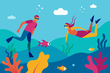 people snorkeling in tropical coral reef marine life