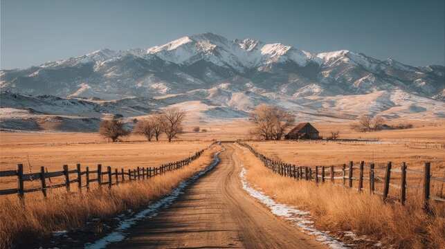 Mountain vista, rural road, golden fields
