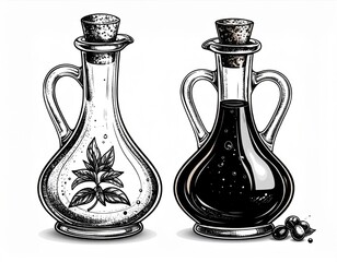 Engraved Illustration of Clear Olive Oil and Dark Balsamic Vinegar Bottles with Handles