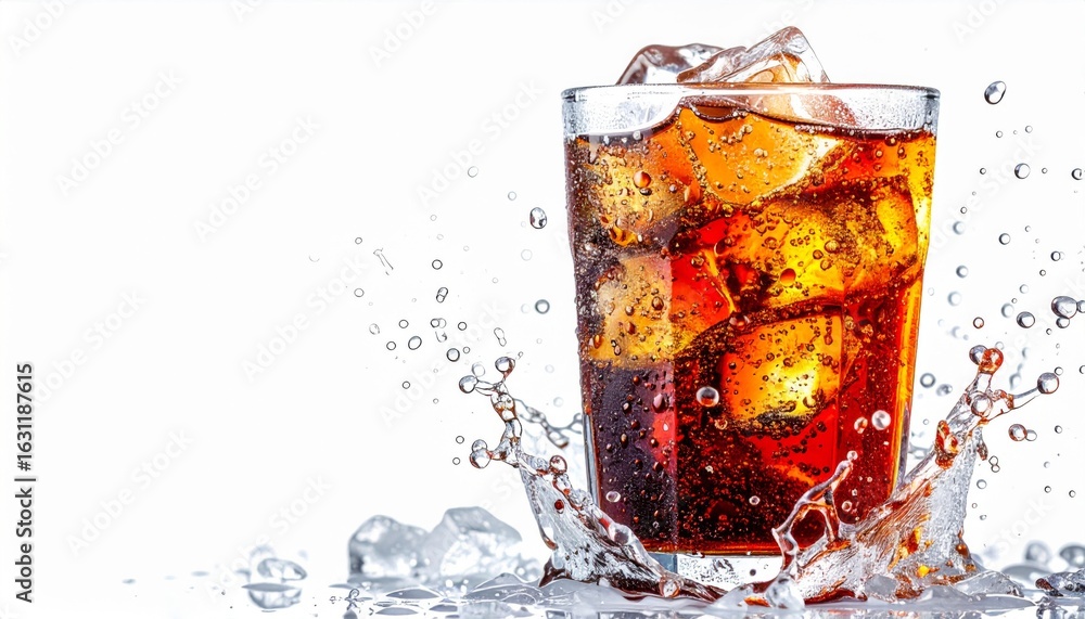 Poster refreshing cola drink with ice cubes splashing against white background in studio lighting