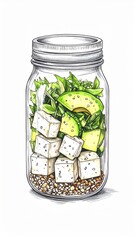 Salad in Glass Jar with Avocado and Greens on Grains in Bright Studio Setting