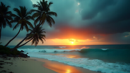 Dramatic sunset at a tropical beach with palm trees and ocean waves