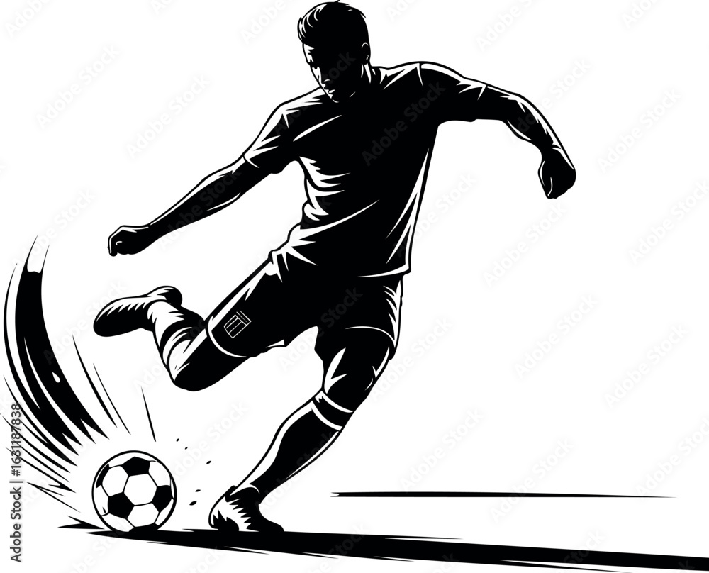 Poster silhouette of a soccer player kicking a ball with dynamic motion lines effect on transparent backgro