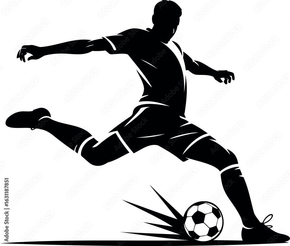 Poster silhouette of a soccer player kicking a ball with dynamic motion effect lines on transparent backgro