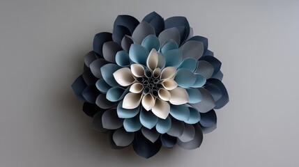 A paper dahlia flower in shades of blue and gray.