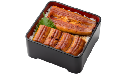 Savory grilled eel over fluffy white rice in a classic bento box, a delicious and authentic Japanese culinary experience, perfect for food blogs and menus