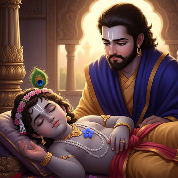 A tender moment between Vasudeva and the sleeping child Lord Krishna