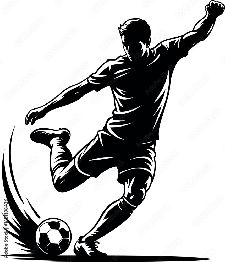 Poster silhouette of a soccer player kicking a soccer ball with dynamic motion lines on transparent backgro