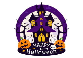 Happy Halloween Night Festival Vector Illustration featuring Pumpkins in the Moonlight, Ghosts, and Other Spooky Elements in a Flat Cartoon Background