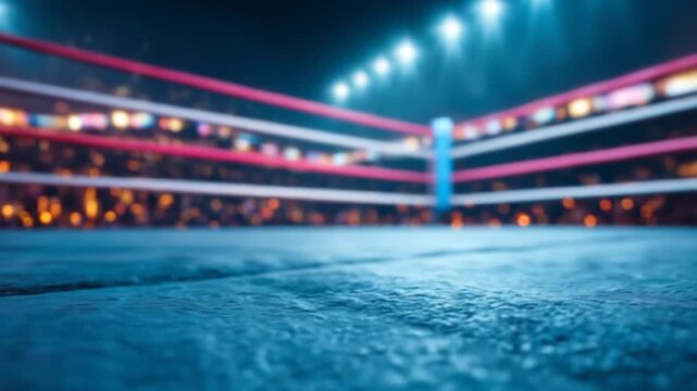 Vibrant Boxing Ring with Blue Canvas Floor Red and White Ropes Spotlights and Blurred Background in a Professional Sports Arena