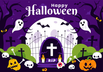 Happy Halloween Night Festival Vector Illustration featuring Pumpkins in the Moonlight, Ghosts, and Other Spooky Elements in a Flat Cartoon Background