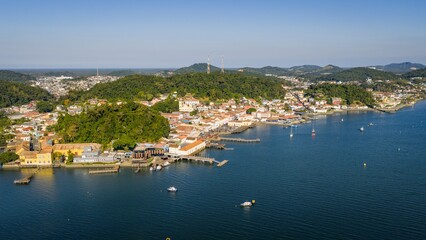 Aerial view of São Francisco do Sul historic center and waterfront with boats on a clear summer...