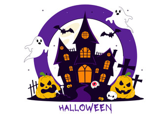 Happy Halloween Night Festival Vector Illustration featuring Pumpkins in the Moonlight, Ghosts, and Other Spooky Elements in a Flat Cartoon Background