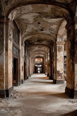Fototapeta premium Decayed, arched hallway in abandoned building