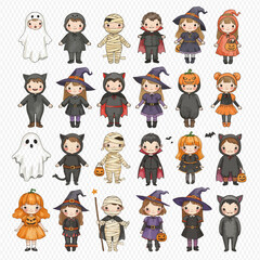 A charming collection of cute cartoon children dressed in various Halloween costumes like ghosts, witches, vampires, and mummies.