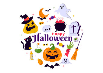 Fototapeta premium Happy Halloween Night Festival Vector Illustration featuring Pumpkins in the Moonlight, Ghosts, and Other Spooky Elements in a Flat Cartoon Background