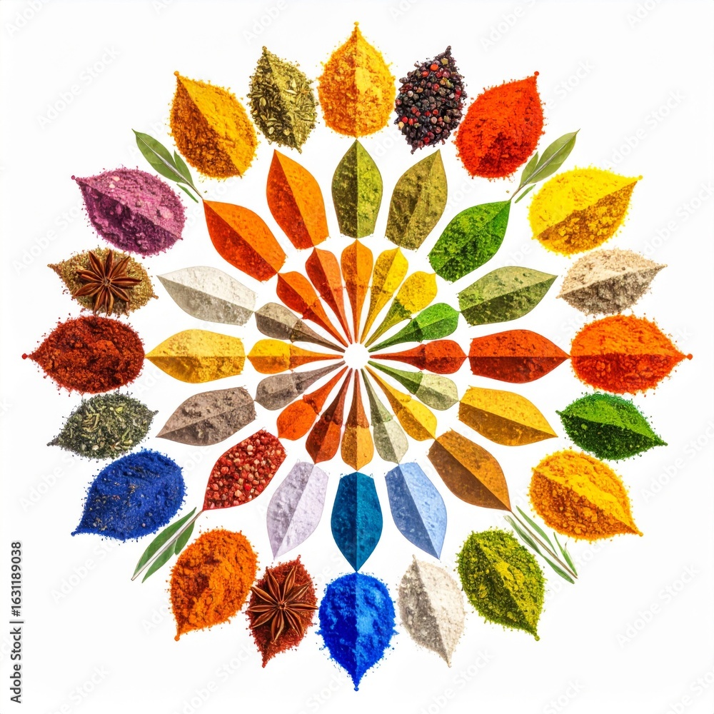 Poster vibrant array of colorful spices and herbs arranged in a radial pattern on a white background