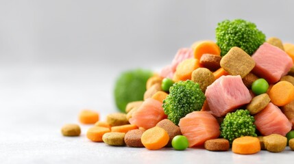A colorful pile of mixed pet food including chunks of meat, broccoli, peas, and kibble on a light surface.