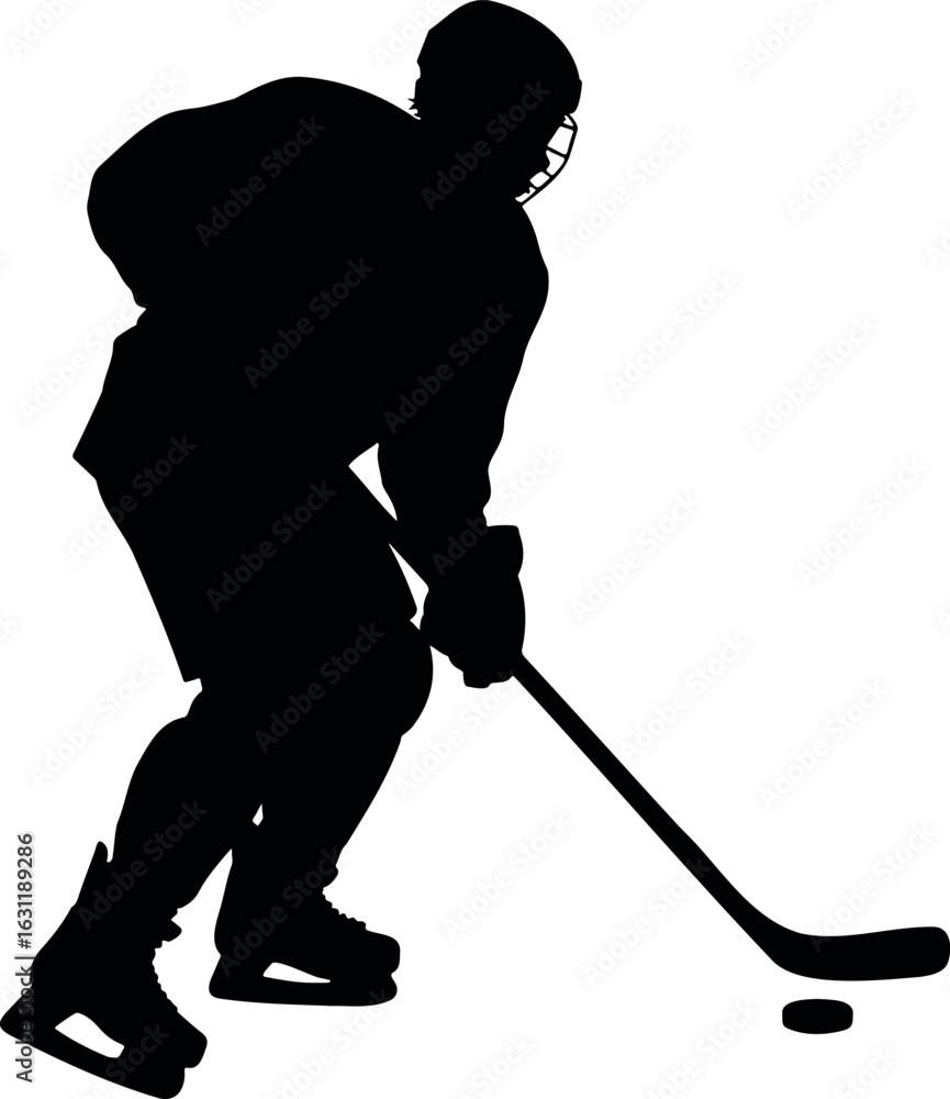 Poster silhouette of hockey player with stick and puck in action on white background on transparent backgro