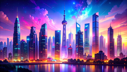 Vibrant Cityscape with Night Skyline.