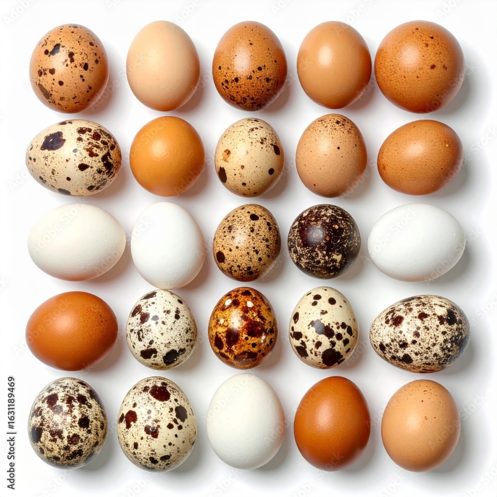 Poster assorted chicken and quail eggs in square grid arrangement with natural light studio setting