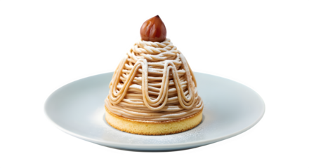 Indulge in a delectable Mont Blanc pastry, a sweet chestnut cream confection crowned with a single glazed chestnut, perfect for gourmet dessert inspiration.