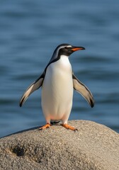 Naklejka premium Magellanic penguin standing proudly on a rock with blurred ocean background