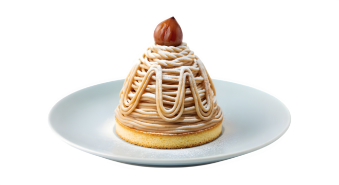 Indulge in a delectable Mont Blanc pastry, a sweet chestnut cream confection crowned with a single glazed chestnut, perfect for gourmet dessert inspiration.