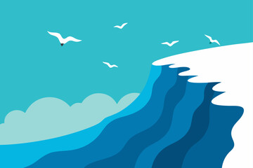 waves crashing on cliff with seagulls flying coastal view