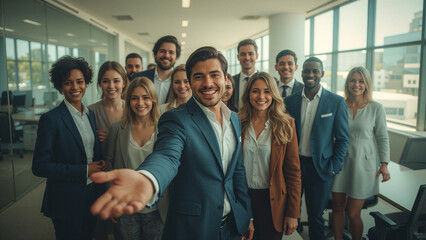 The employees of a company are welcoming a new colleague.
