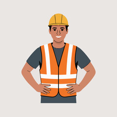Illustration of a construction worker wearing a yellow hard hat and an orange safety vest smiling proud