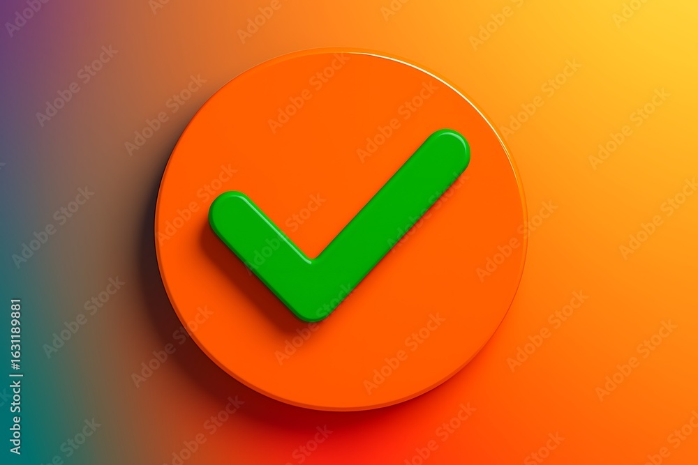 Poster bright green checkmark on a vibrant orange circle with a colorful gradient background