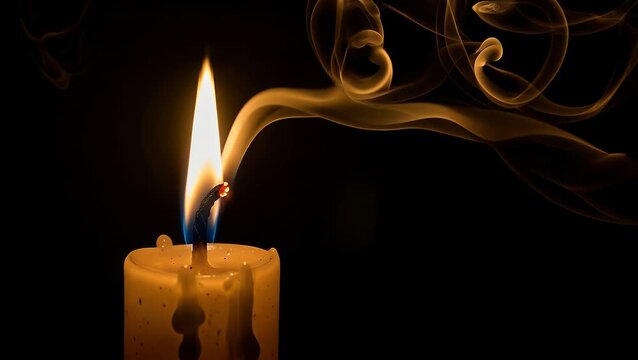Burning candle smoke black background flame fire light darkness wax melt warm glow energy spiritual faith hope peace celebration event