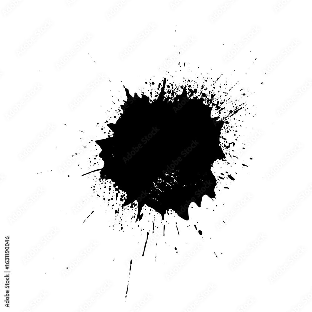 Poster vector dynamic ink splatter with radiating droplets.