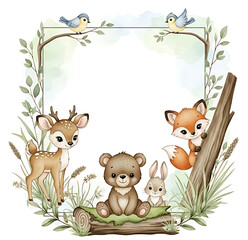 Naklejka premium A charming, hand-drawn watercolor illustration of a woodland frame with cute animals including a deer, bear, fox, and bunny, surrounded by leaves and branches, with space for text.