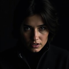 Intense Portrait of a Woman with Striking Eyes and Dark Background