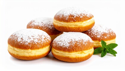 A delicious pile of freshly baked Berliner donuts dusted with powdered sugar and garnished with mint, isolated on a clean white background.