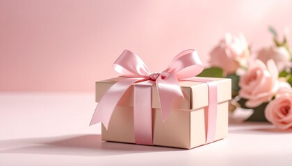 Fototapeta premium An elegant gift box wrapped with a delicate pink satin ribbon, with a soft bouquet of roses in the background for a special celebration.