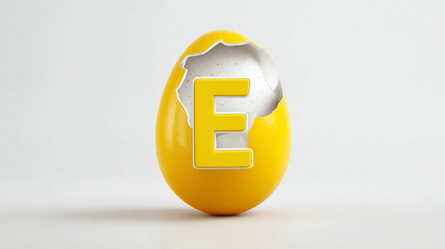 A yellow cracked egg with a yellow letter e inside and a white background in a studio shot