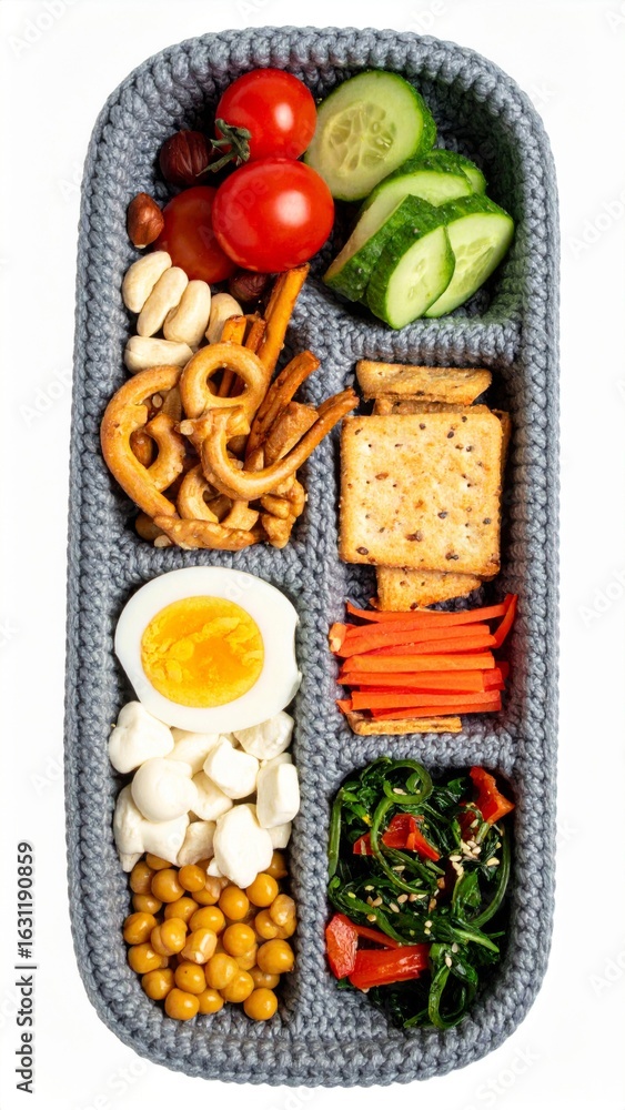Poster nutritious lunch box with assorted vegetables nuts and boiled egg on white background