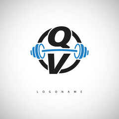 Obraz premium QC Fitness Logo with Icon Creative Minimal Barbell symbol for Gym Branding. Active Lifestyle Identity Design