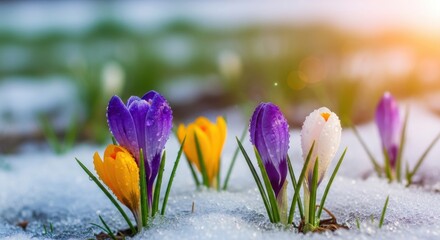 Colorful Crocuses Emerging Through Melting Snow heralding the spring season