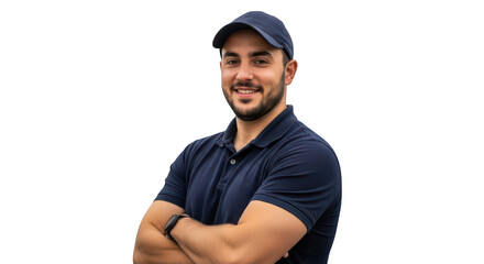 Man in blue polo shirt and baseball cap smiling arms crossed isolated on transparent background