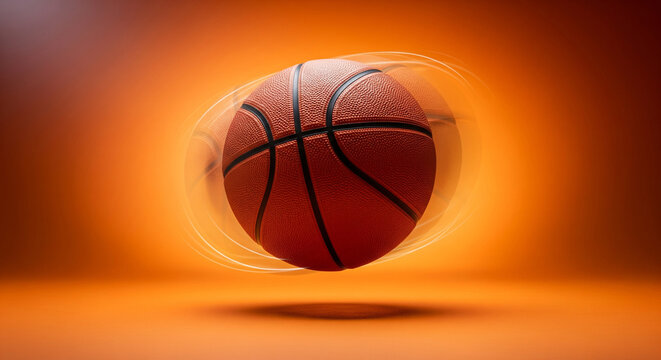 Dynamic basketball with motion trails for sports marketing or basketball team visuals on vibrant gradient background